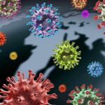 Colorful virus illustrations over a world map.