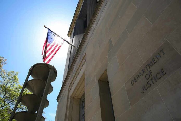 2152403209 featured image "American flag at Department of Justice building exterior."