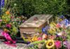 Wooden coffin surrounded by colorful flowers at funeral.