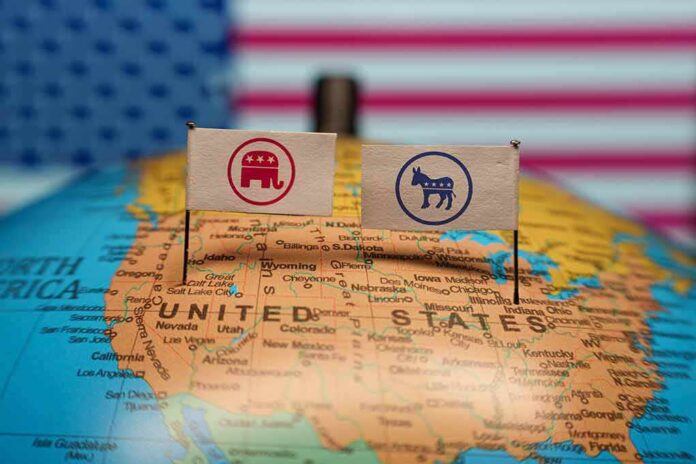 2428155117 featured image Republican and Democratic flags on USA map background