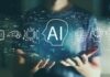Person holding virtual icons related to artificial intelligence