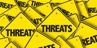 Yellow warning signs with the word THREATS
