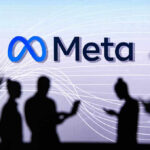 People silhouetted against Meta logo background.