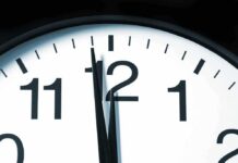 Close up of a clock showing the time just before noon
