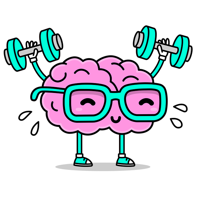 Brain cartoon lifting dumbbells and sweating.