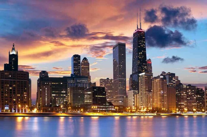 Chicago skyline at sunset with colorful clouds