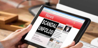 Person reading news headline Scandal Unfolds on tablet