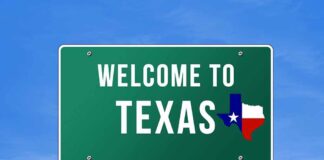 Welcome to Texas road sign with a Texas map