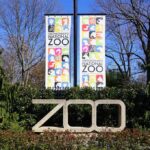 Entrance sign of the Smithsonian National Zoo with colorful animal graphics
