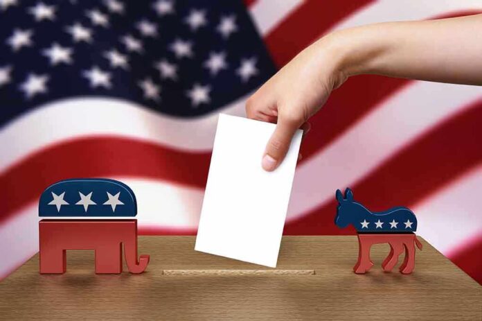 A hand placing a ballot into a box with political symbols on either side against a backdrop of the American flag