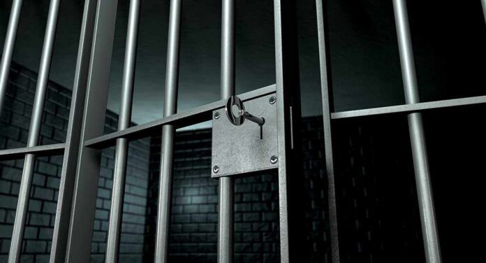 Close-up of a locked prison gate with metal bars