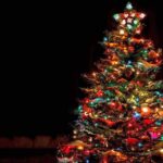 A beautifully decorated Christmas tree with colorful lights against a dark background