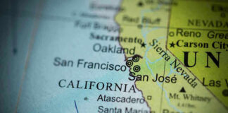 Close-up of California map showing major cities.
