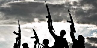 Silhouetted figures holding rifles against a cloudy sky