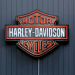 Harley-Davidson Motor Cycles logo on dark wall.