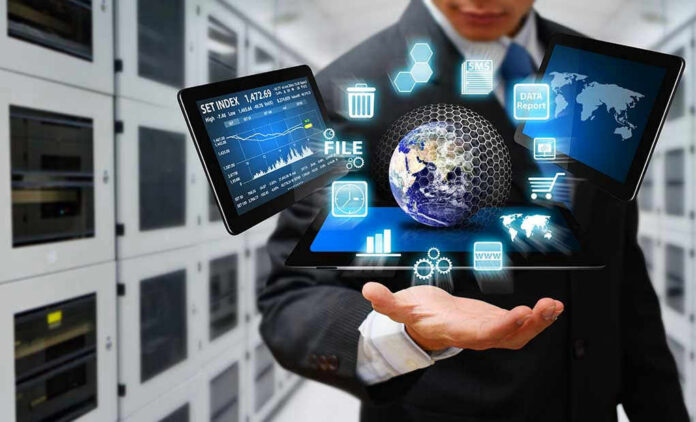 152663261 Businessman holding virtual data and analytics hologram.