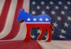 A donkey symbol representing the Democratic Party in front of an American flag background