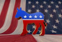 A donkey symbol representing the Democratic Party in front of an American flag background