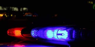Close-up of police lights flashing in blue and red at night