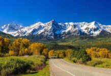 Scenic view of snow-capped mountains with autumn trees and a winding road