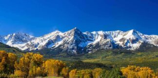 Scenic view of snow-capped mountains with autumn trees and a winding road