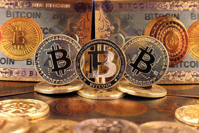 1930952738 Bitcoin coins and bills displayed closely.