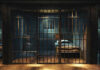 Empty prison cell with metal bars and bed.