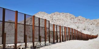 A long border wall stretches across a desert landscape with mountains in the background