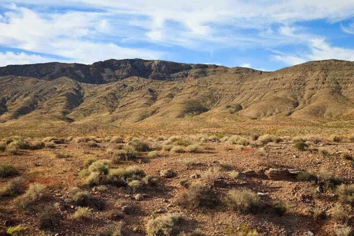 A vast desert landscape with a mountain range under a blue sky
