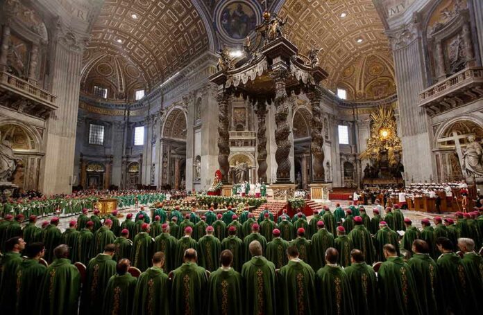 shutterstock_1864245124 Clergy in green vestments gather under a grand baroque canopy in a vast cathedral