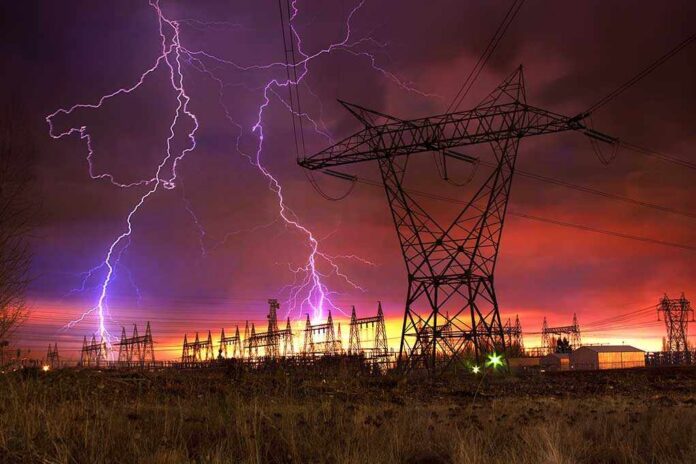 Dramatic,Image,Of,Power,Distribution,Station,With,Lightning,Striking,Electricity Lightning strikes illuminate a power station against a colorful sunset sky