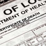 Close-up of a California death certificate document
