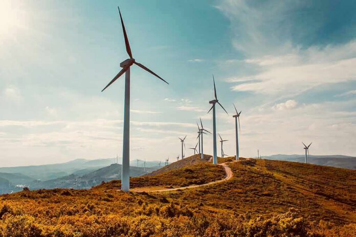 Wind turbines on a sunny hillside