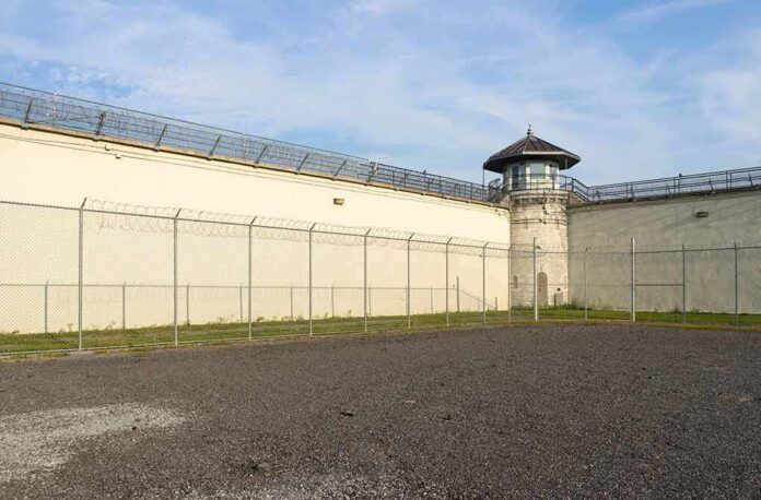 shutterstock_1385988563 Prison yard with chain-link fence and guard tower