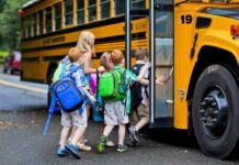 Highway Bus Chaos—Glass Shatters, Arrest Made Children boarding a yellow school bus