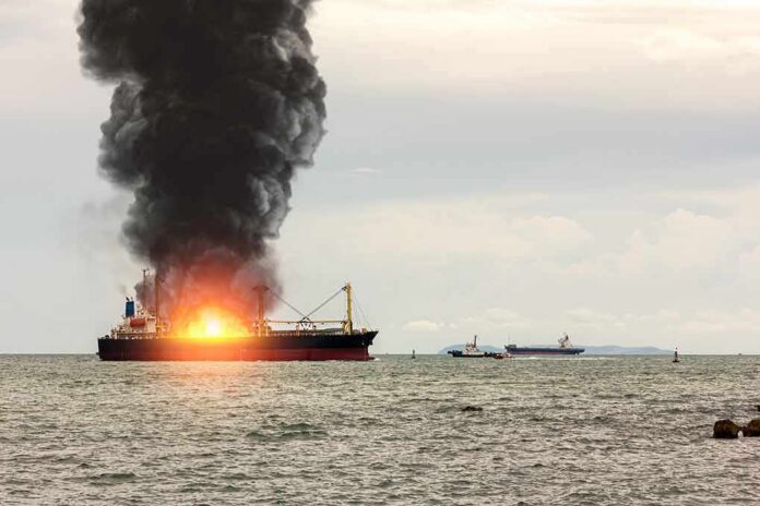 shutterstock_1941159202-1 Cargo ship on fire with thick black smoke at sea