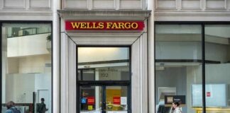 Wells Fargo bank branch entrance on a city street