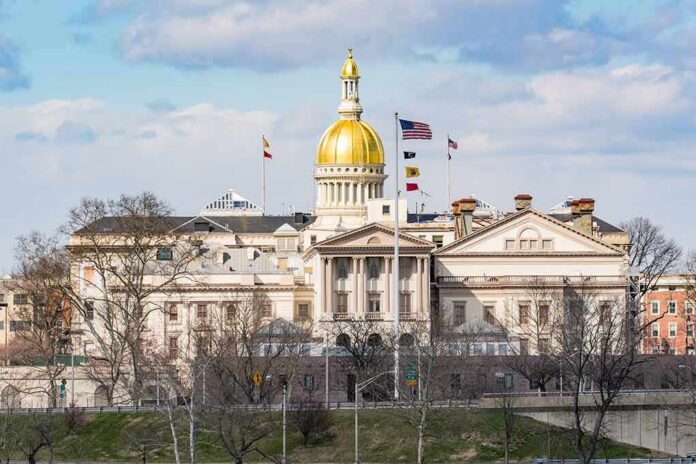 shutterstock_1076858612 capitol building with gold dome and flags