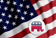 American flag with Republican elephant emblem