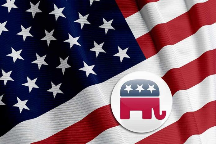 shutterstock_10885669 American flag with Republican elephant emblem