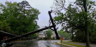 Fallen utility poles blocking a wet suburban street