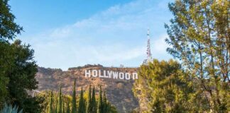 Hollywood Sign on hillside framed by trees