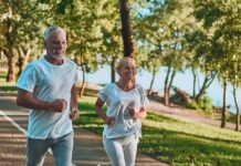 Brain Boost in 16 Minutes Older couple jogging on a lakeside path