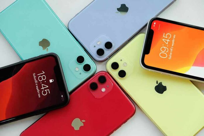 iPhones arranged in a colorful fan