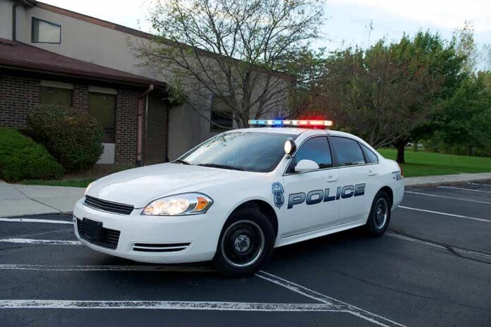 Police car with flashing lights parked outside a building