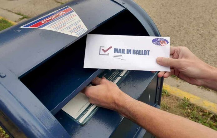shutterstock_1796875219-1 Person mailing a ballot into a blue street mailbox