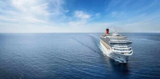 Cruise ship sailing on calm blue ocean