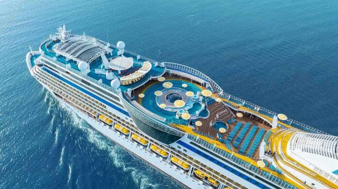 shutterstock_2631765851 Cruise ship upper decks with pools and lounge areas at sea
