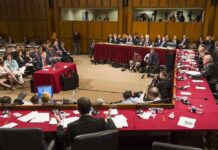 Patrick Leahy and Samuel Alito at a Senate hearing with committee and press present