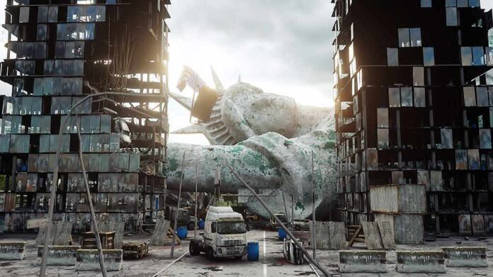 shutterstock_538623040 Collapsed Statue of Liberty head between ruined buildings